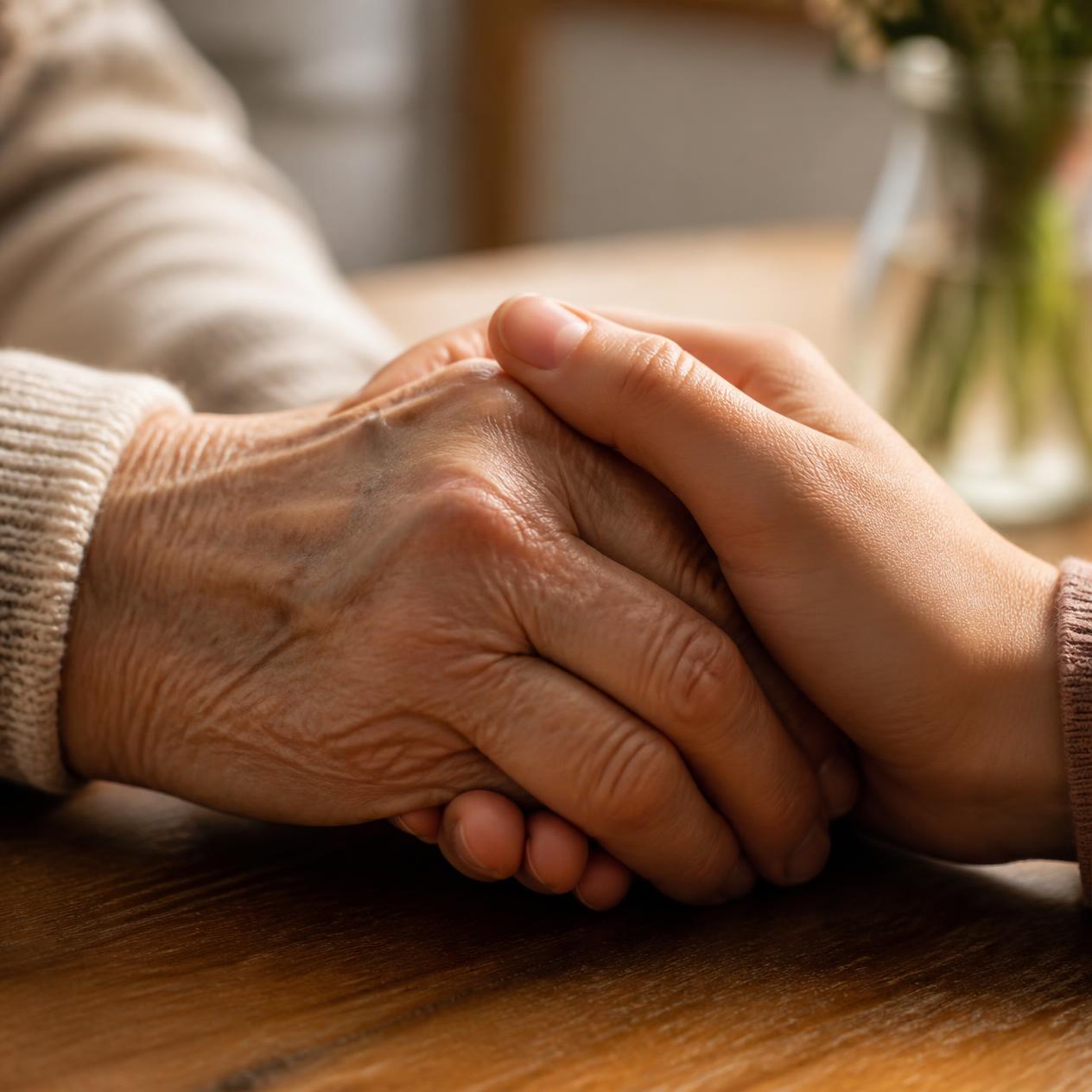A caring hand holding an elderly person's hand
